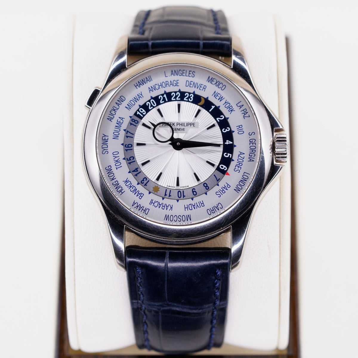 Patek Philippe 5130G-019 “WORLD TIME” White Dial Blue Accents White Gold Blue Leather Strap 39mm 2014