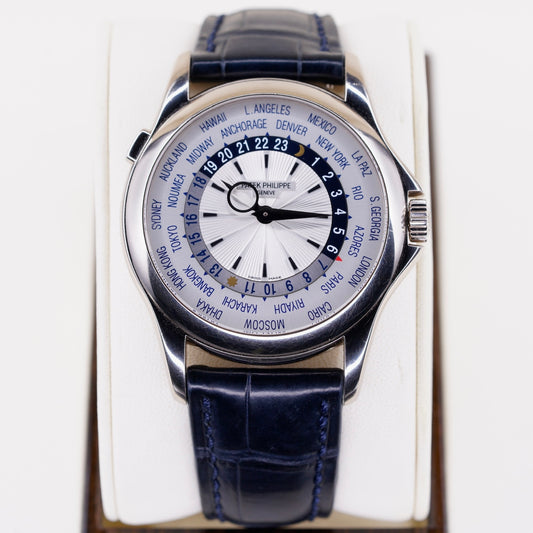 Patek Philippe 5130G-019 “WORLD TIME” White Dial Blue Accents White Gold Blue Leather Strap 39mm 2014