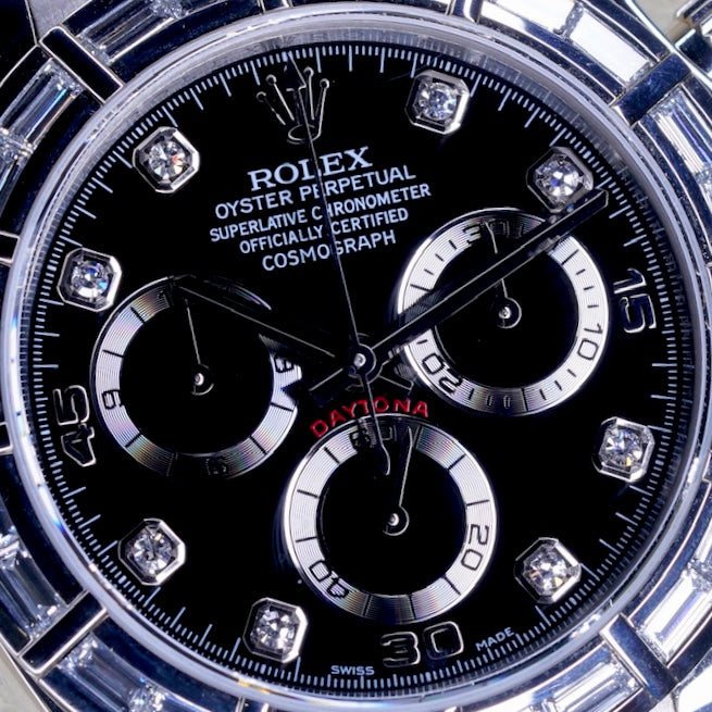 Rolex Daytona 116589BR “BAGUETTES” Black Diamond Dial Baguettes Bezel White Gold Leather Strap 40mm