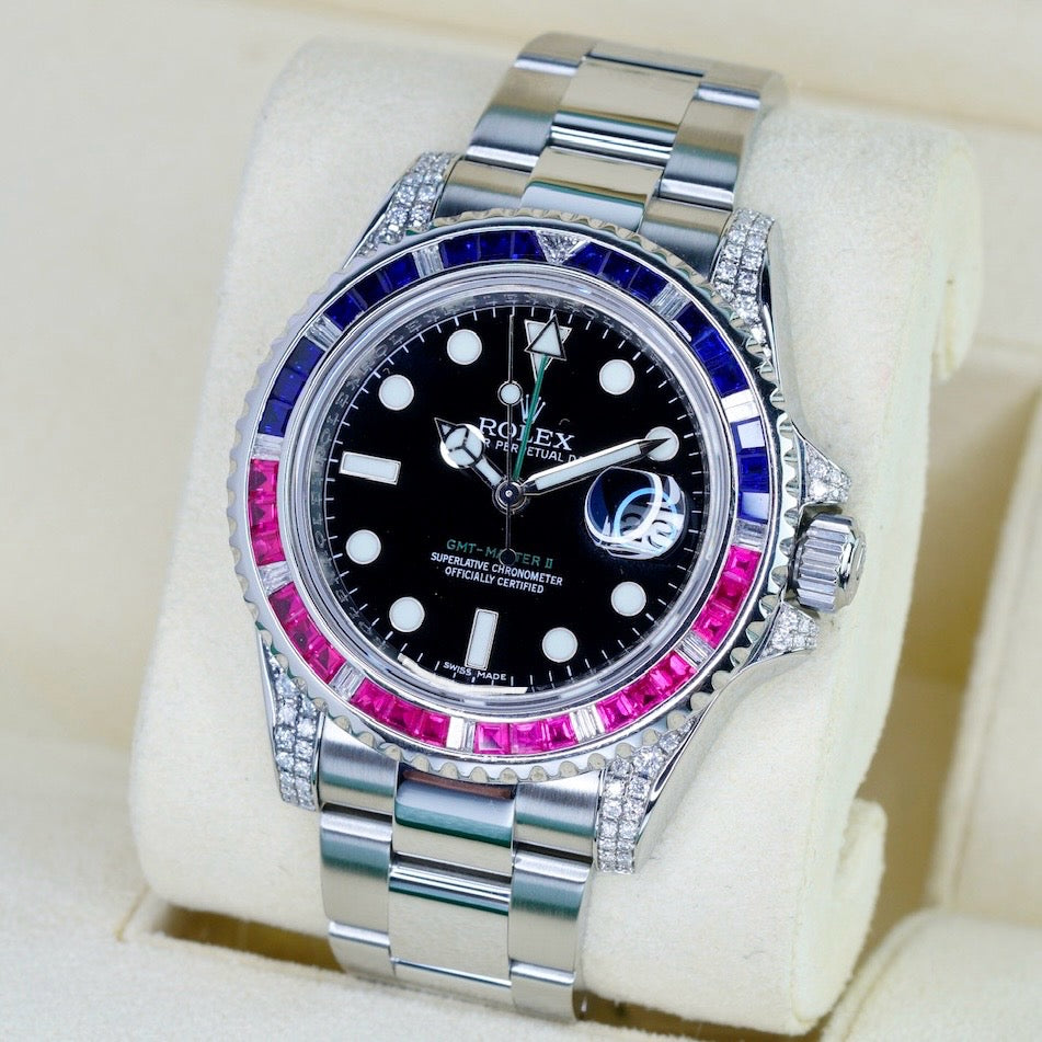 Rolex GMT-Master II 116710 “ALMOST SARU” Aftermarket Diamond Ruby & Sapphire Bezel Stainless Steel 40mm