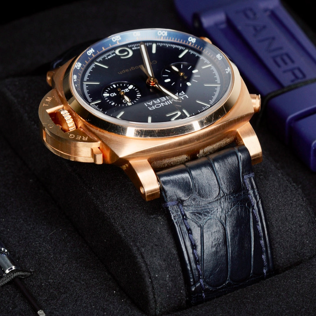 Panerai Luminor PAM 01111 Blue Dial Rose Gold Blue Leather Strap 44mm