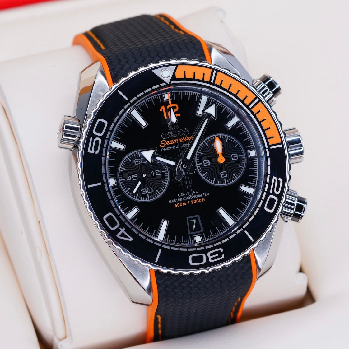 Omega Seamaster 215.32.46.51.01.001 “PLANET OCEAN” Black Dial Orange Accents  Stainless Steel Chronograph