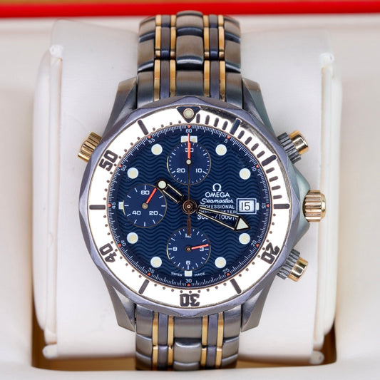 Omega Seamaster Diver 300M 2296.80.00 Blue Wave Dial Tridor Gold & Titanium & Tantalum Chronograph 42mm