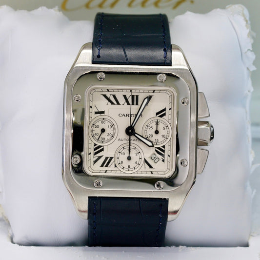 Cartier Santos 100 Xl 2740 Chronograph Stainless Steel Leather Strap