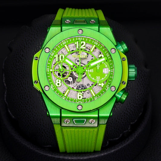 Hublot Big Bang Unico 441.UG.5220.RX.NES23 “NESPRESSO ORIGIN” Skeleton Dial Green Aluminum Rubber Strap 42mm