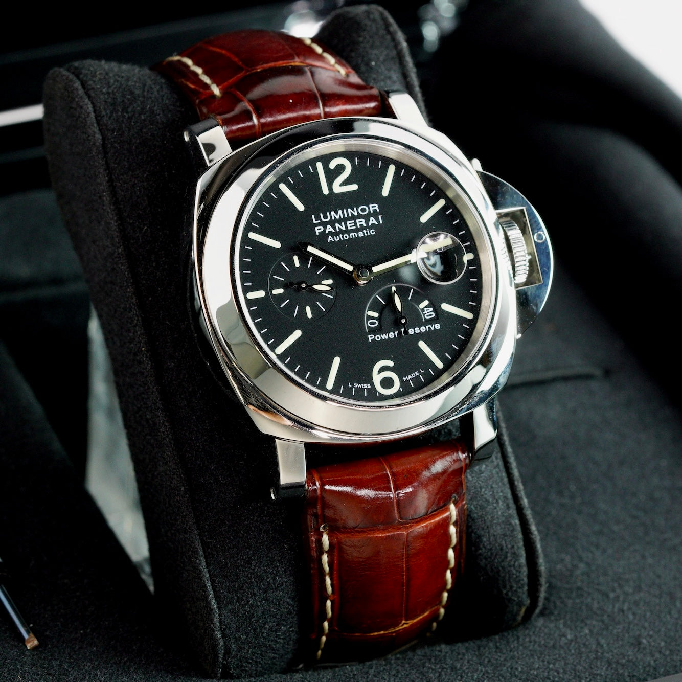 Panerai Luminor PAM 00090 Power Reserve Black Dial Stainless Steel Brown Leather Strap 44mm