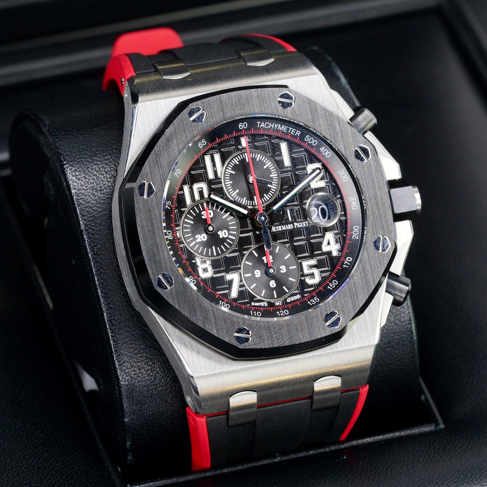 Audemars Piguet Royal Oak Offshore 26470SO.OO.A002CA.01 “VAMPIRE DARK KNIGHT” Black Dial Red Accents Ceramic Bezel Stainless Steel Chronograph 42mm