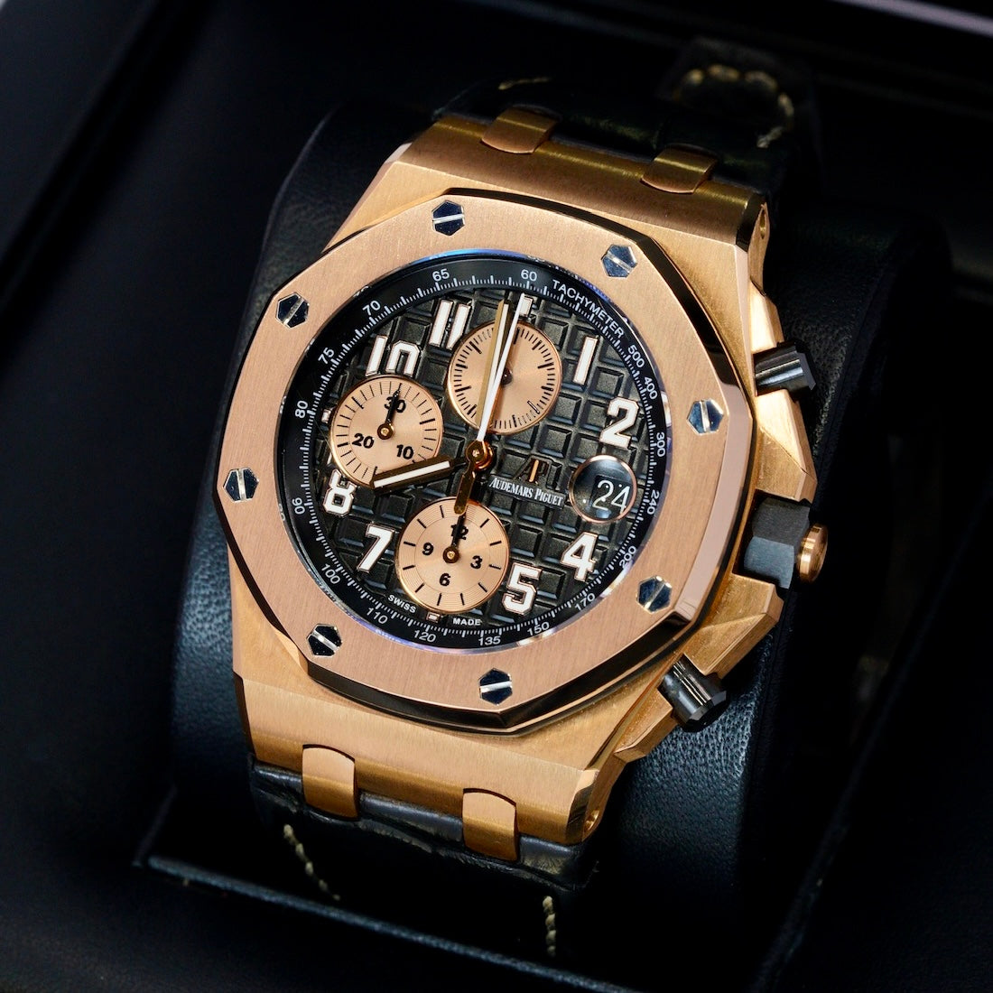 Audemars Piguet Royal Oak Offshore Chronograph 26470OR.OO.A002CR.02 “HALF BRICK” Black Dial Rose Gold Leather Strap 42mm