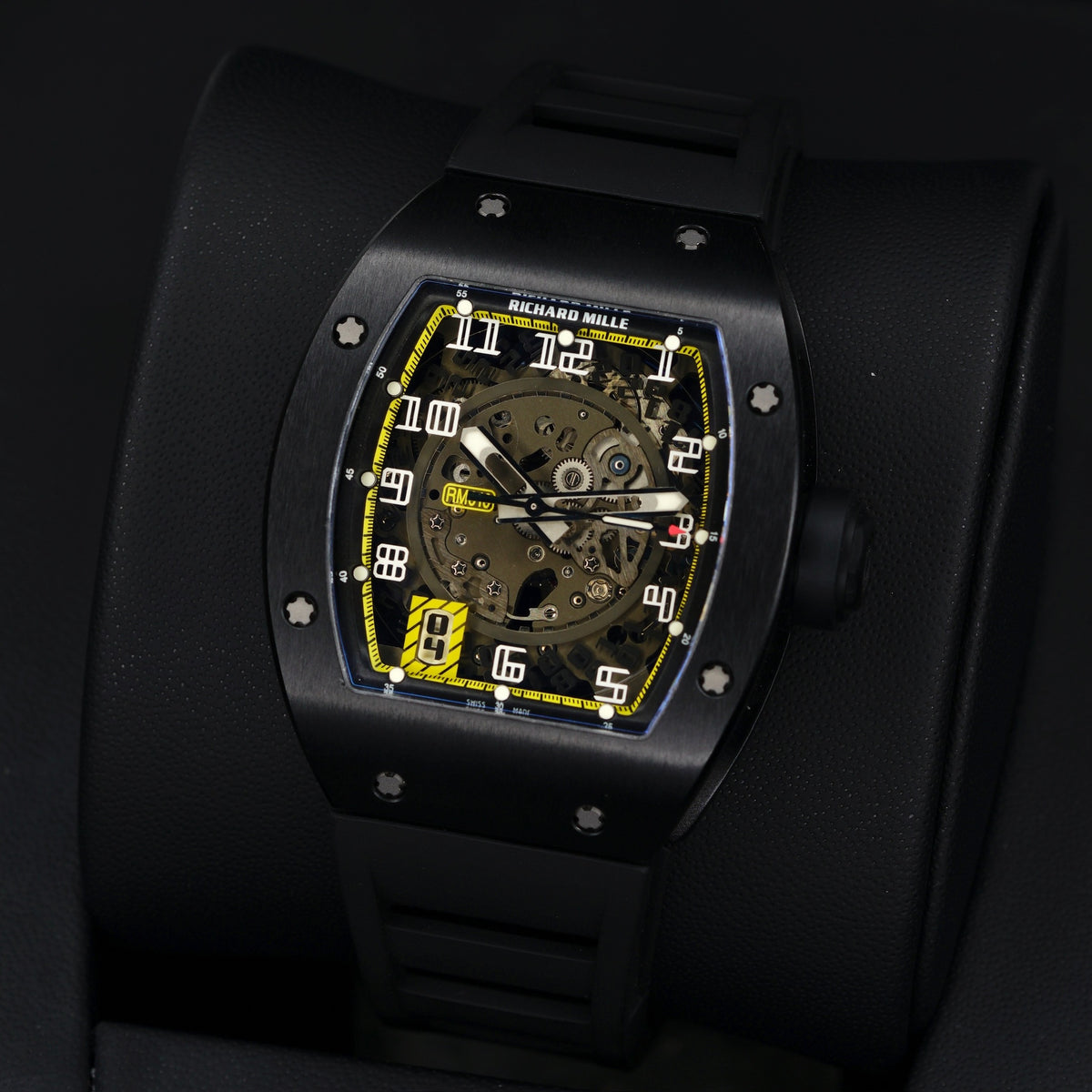 Richard Mille RM 010 “YELLOW FLASH” Skeleton Dial Yellow Accents Black Rubber Strap