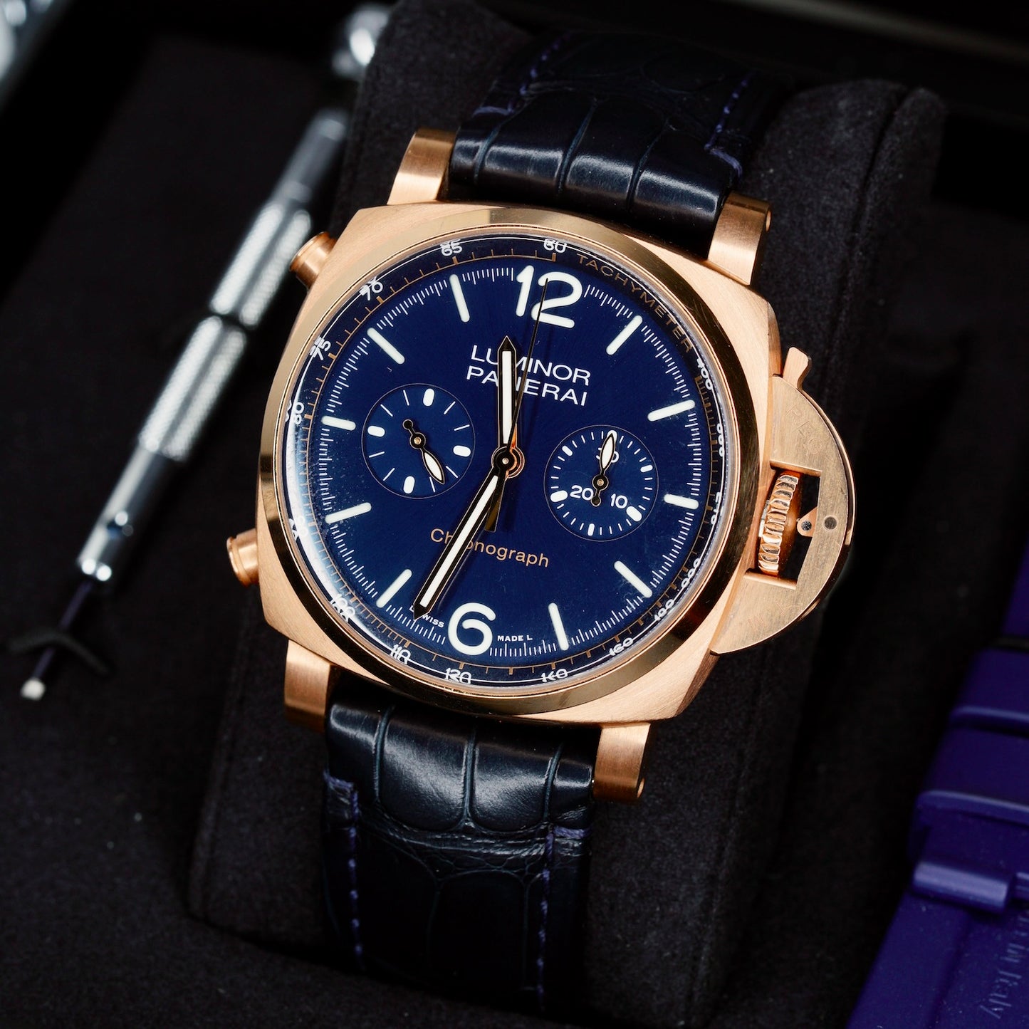 Panerai Luminor PAM 01111 Blue Dial Rose Gold Blue Leather Strap 44mm