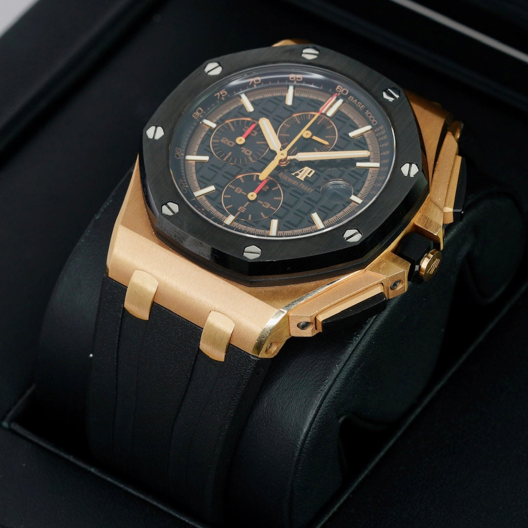 Audemars Piguet Royal Oak Offshore 26401RO.OO.A002CA.02 Black Dial Black Subdials Rose Gold Rubber Strap Chronograph 44mm