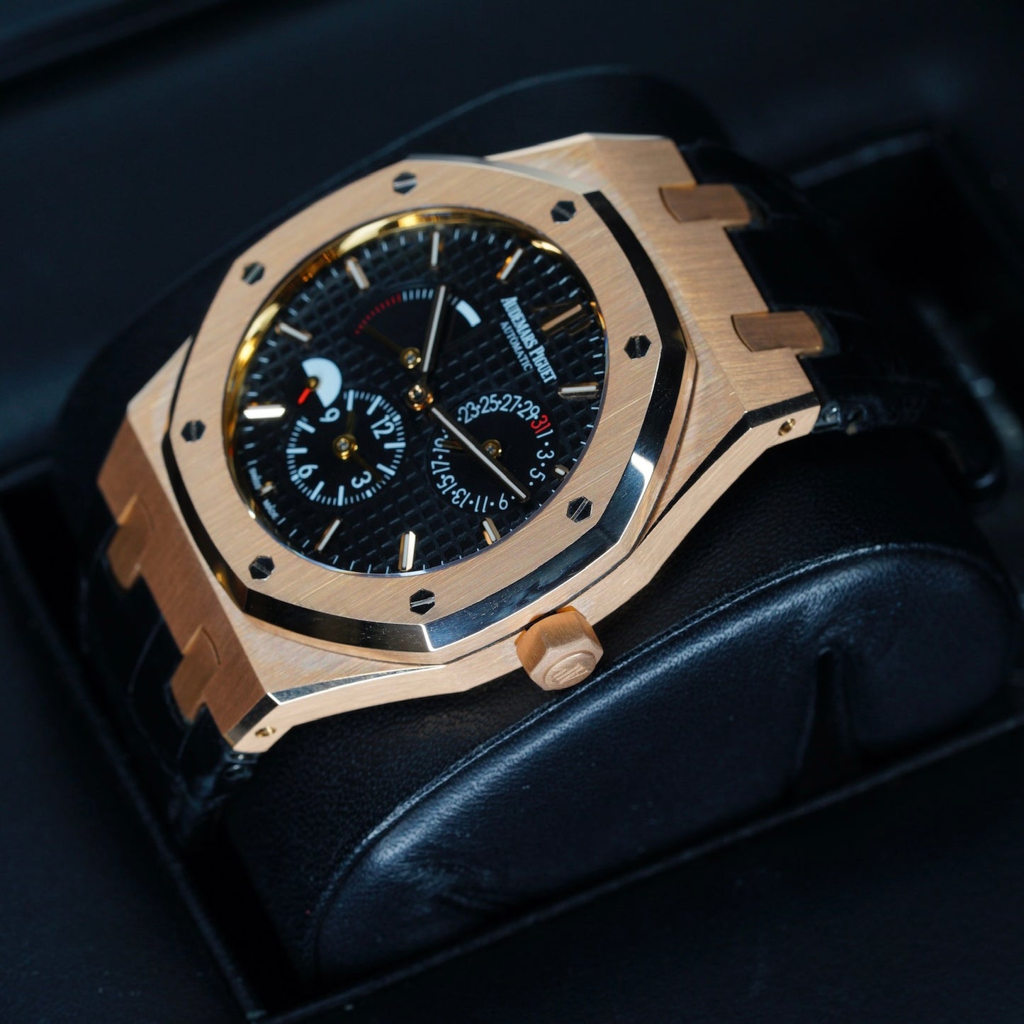 Audemars Piguet Royal Oak 26120OR.OO.D002CR.01 “DUAL TIME” Black Dial Rose Gold Leather Strap 39mm 2016