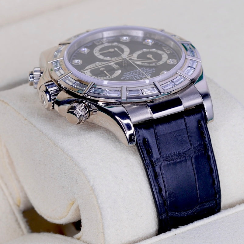 Rolex Daytona 116589BR “BAGUETTES” Black Diamond Dial Baguettes Bezel White Gold Leather Strap 40mm