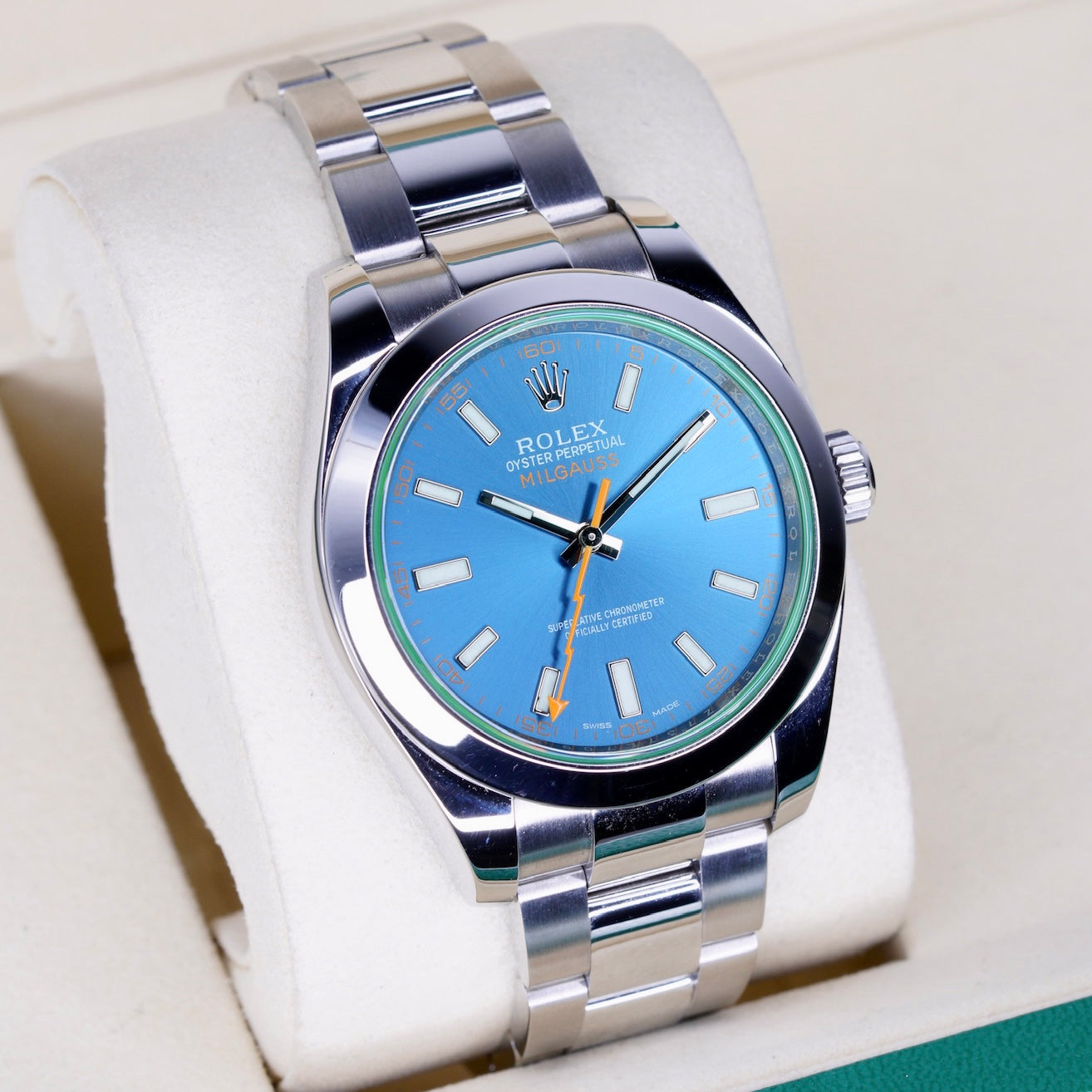 Rolex Milgauss 116400GV Blue Dial Green Crystal Stainless Steel 40mm