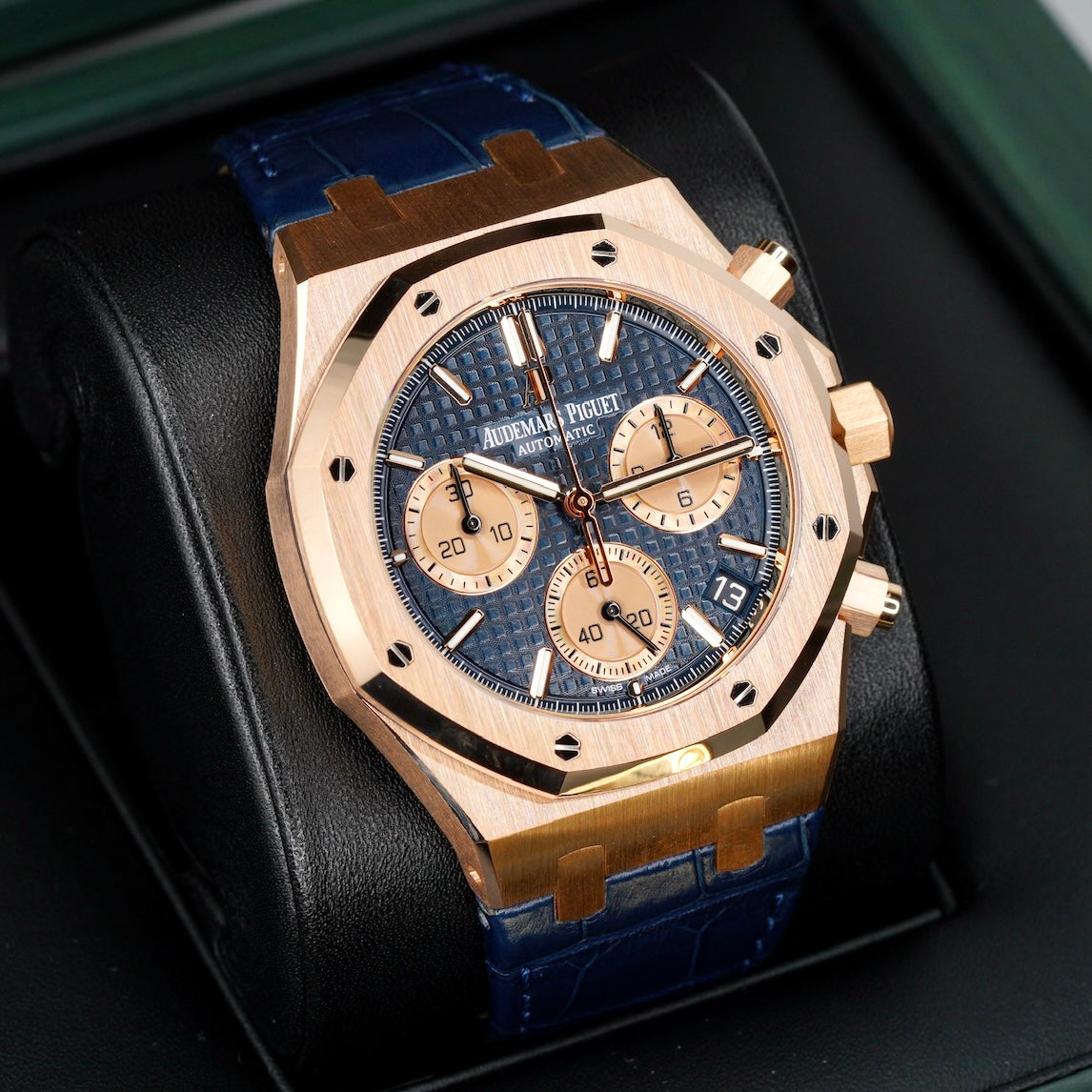 Audemars Piguet Royal Oak 26239OR.OO.D315CR.01 Blue Dial Rose Gold Blue Leather Strap Chronograph 41mm
