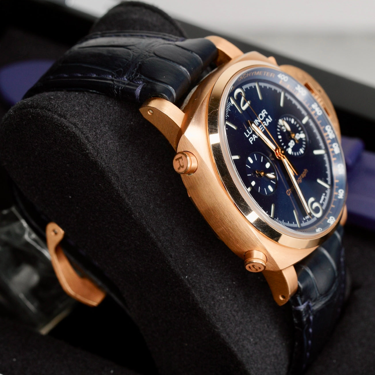 Panerai Luminor PAM 01111 Blue Dial Rose Gold Blue Leather Strap 44mm