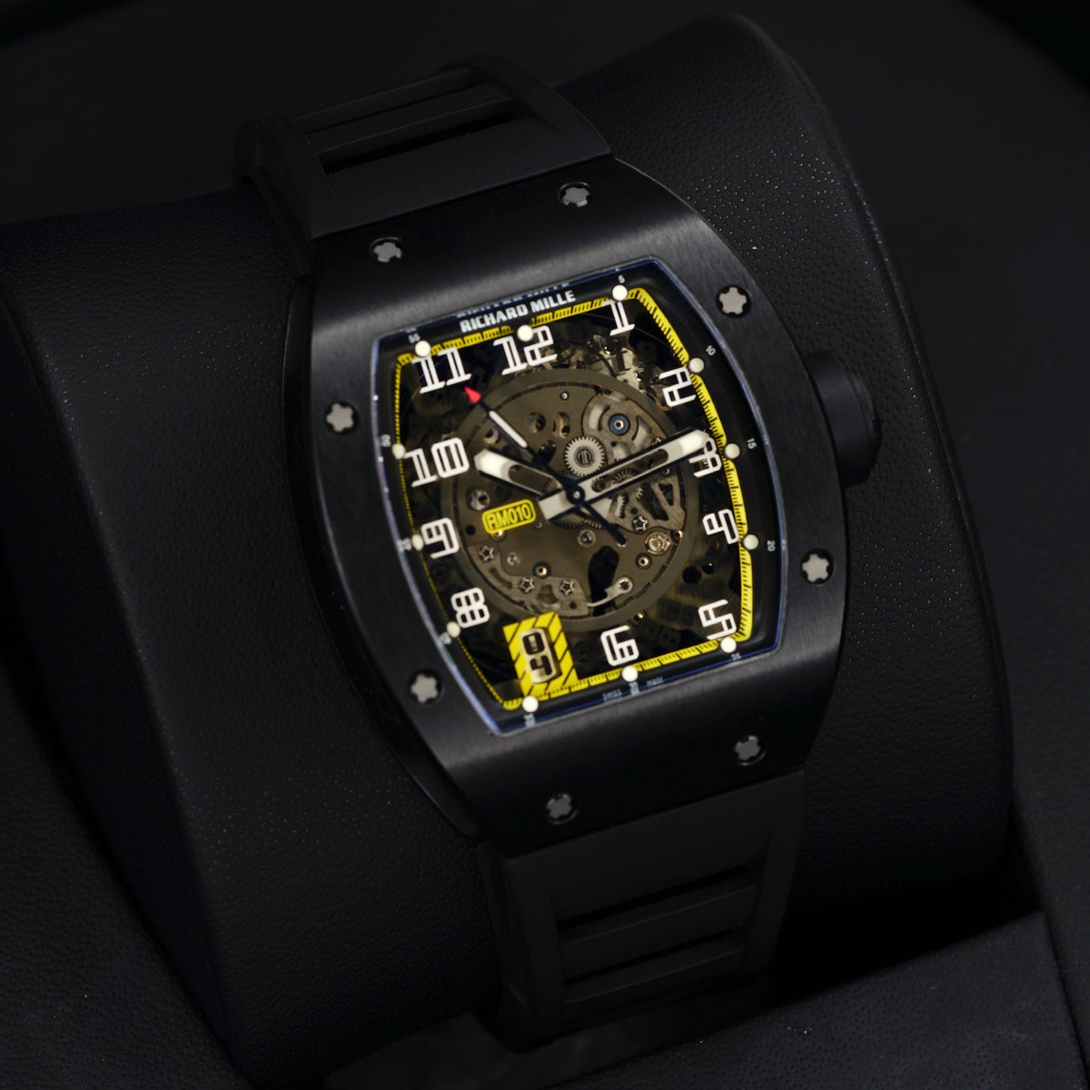 Richard Mille RM 010 “YELLOW FLASH” Skeleton Dial Yellow Accents Black Rubber Strap