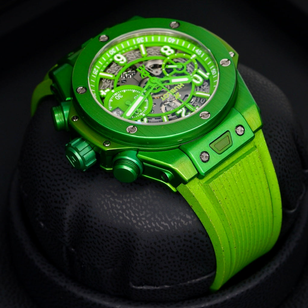 Hublot Big Bang Unico 441.UG.5220.RX.NES23 “NESPRESSO ORIGIN” Skeleton Dial Green Aluminum Rubber Strap 42mm