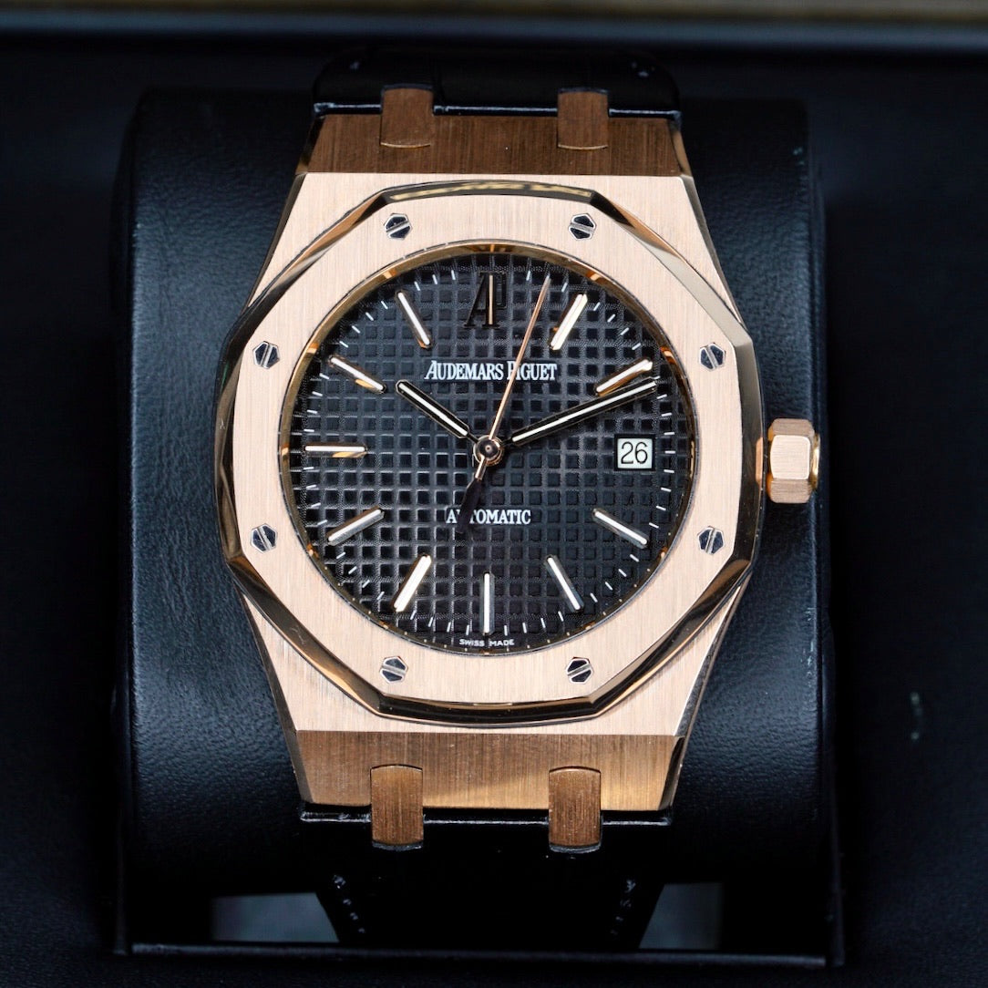 Audemars Piguet Royal Oak 15300OR.OO.D002CR.01 “BLACK OAK” Black Dial Rose Gold Leather Strap 39mm