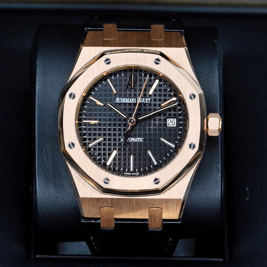 Audemars Piguet Royal Oak 15300OR.OO.D002CR.01 “BLACK OAK” Black Dial Rose Gold Leather Strap 39mm