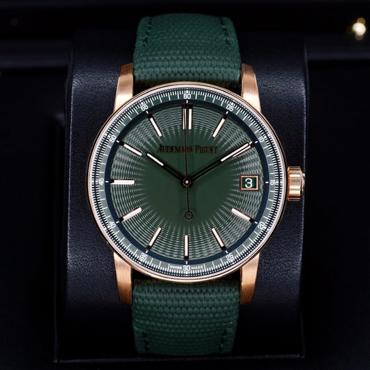 Audemars Piguet NEW Code 11.59 15210OR.OO.A056KB.01 “DEEP GREEN” Green Dial Rose Gold Selfwinding Textile Strap 41mm