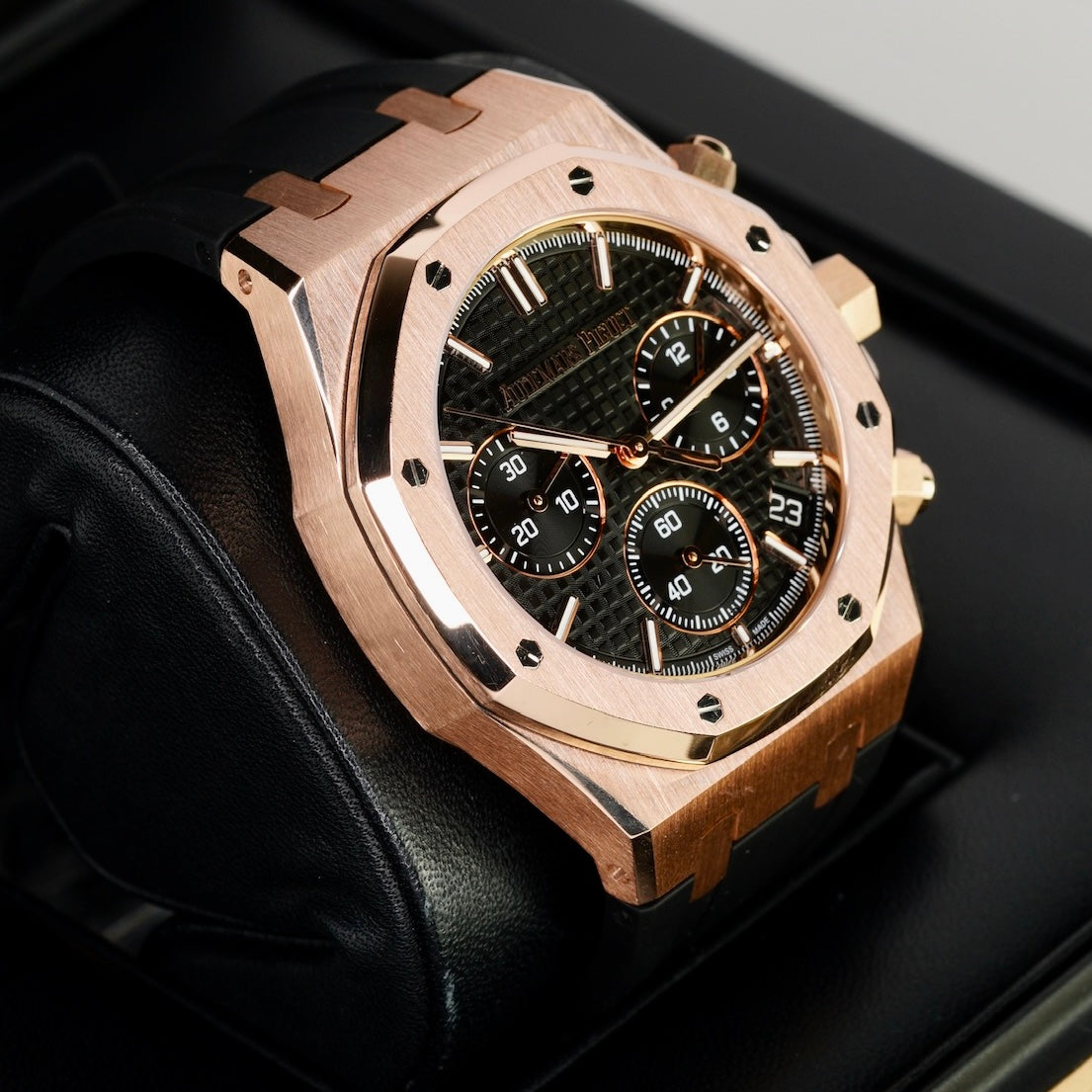 Audemars Piguet Royal Oak 26240OR.OO.D002CR.01 “50th ANNIVERSARY” Black Dial Black Rubber Rose Gold Chronograph Leather Strap 41mm 2022
