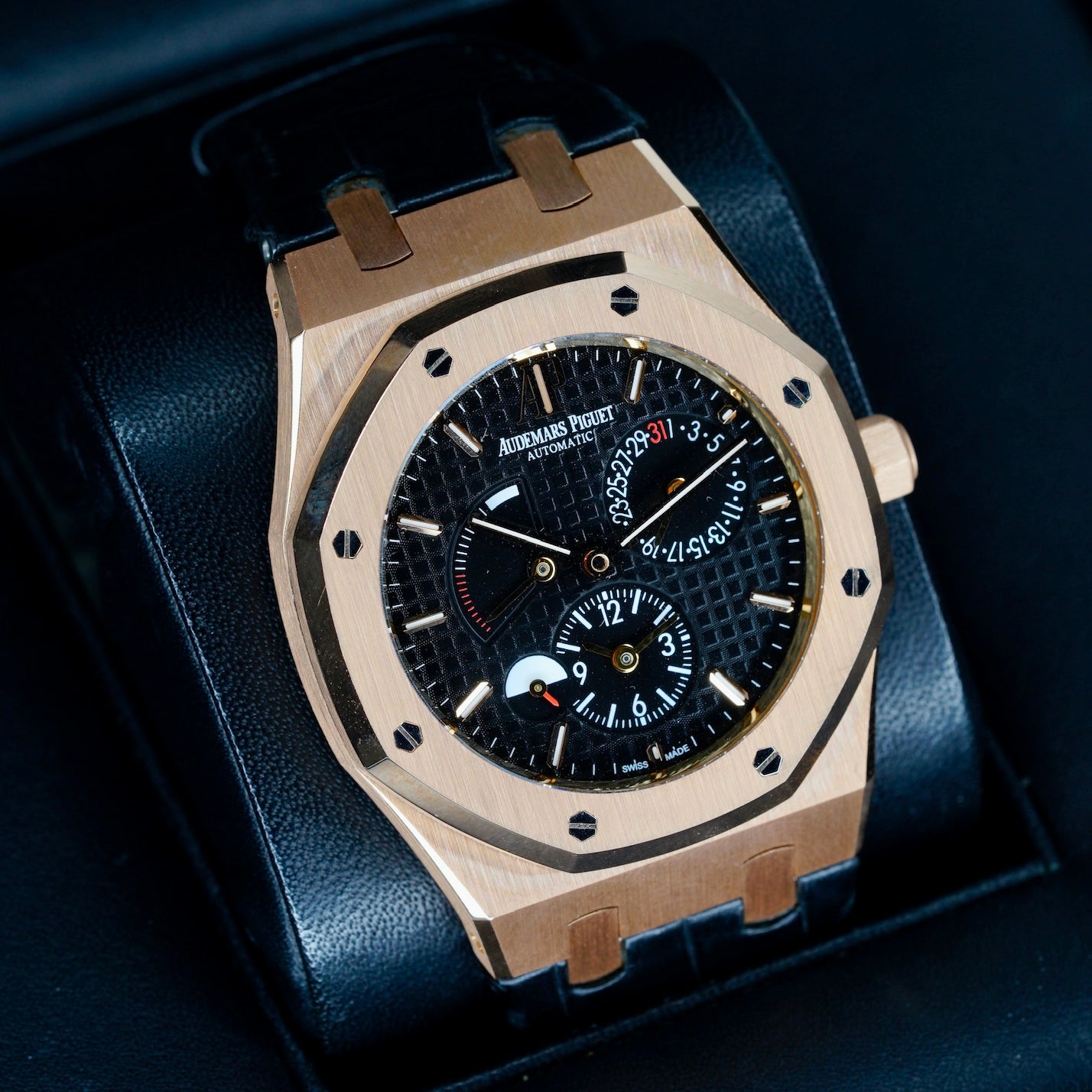 Audemars Piguet Royal Oak 26120OR.OO.D002CR.01 “DUAL TIME” Black Dial Rose Gold Leather Strap 39mm 2016