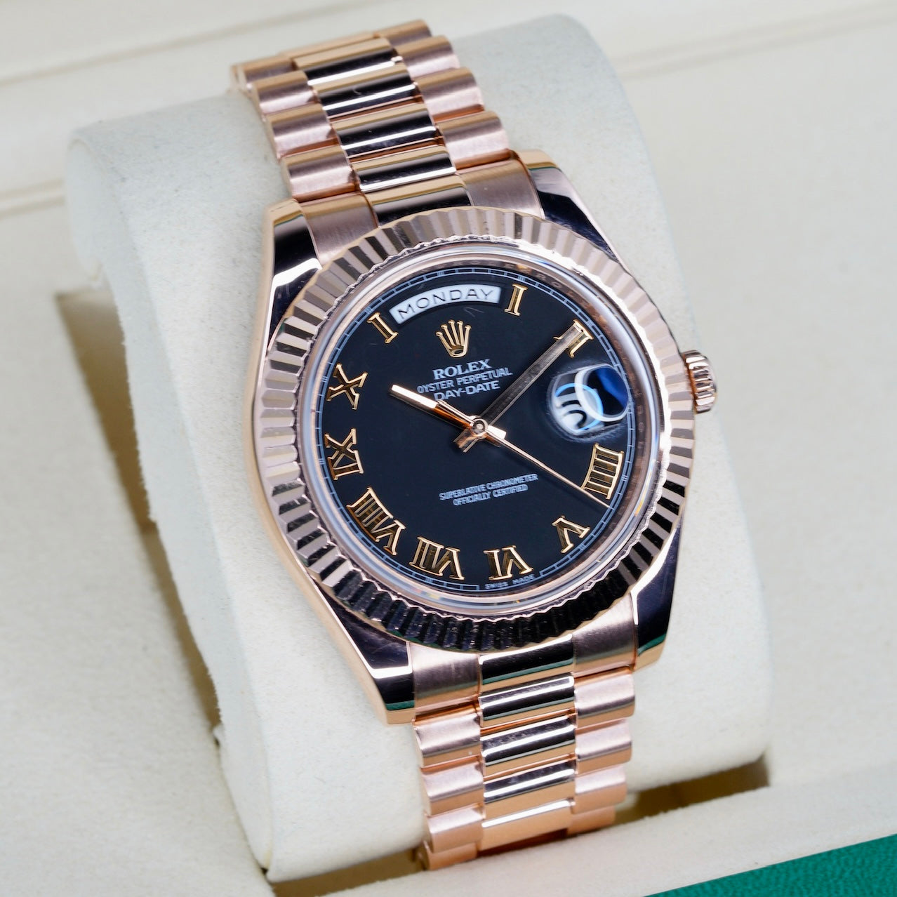 Rolex Day-Date II 218235 Black Roman Dial Rose Gold 41mm