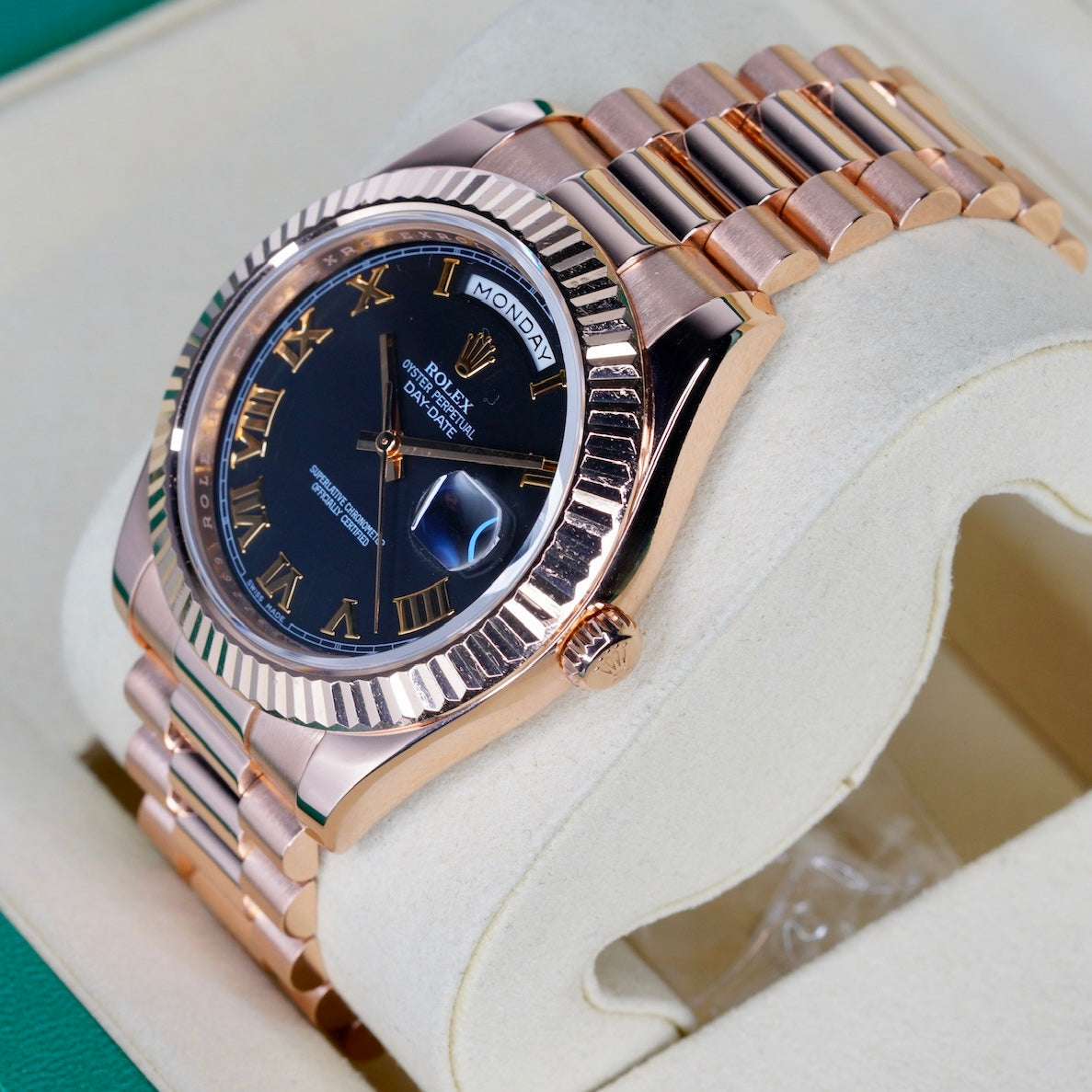 Rolex Day-Date II 218235 Black Roman Dial Rose Gold 41mm