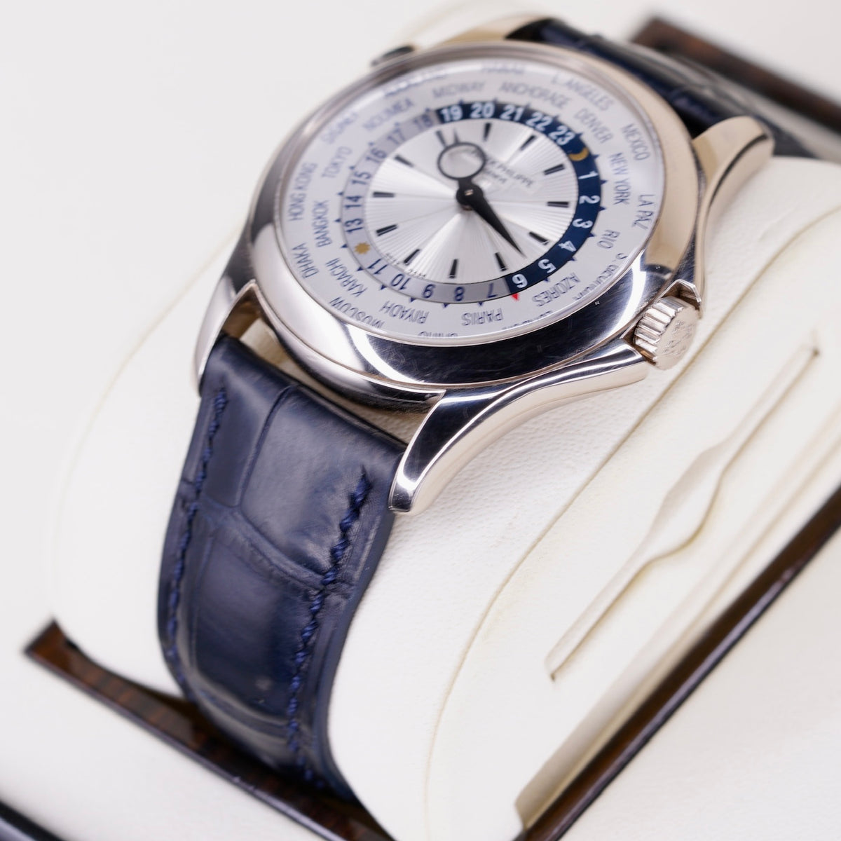 Patek Philippe 5130G-019 “WORLD TIME” White Dial Blue Accents White Gold Blue Leather Strap 39mm 2014