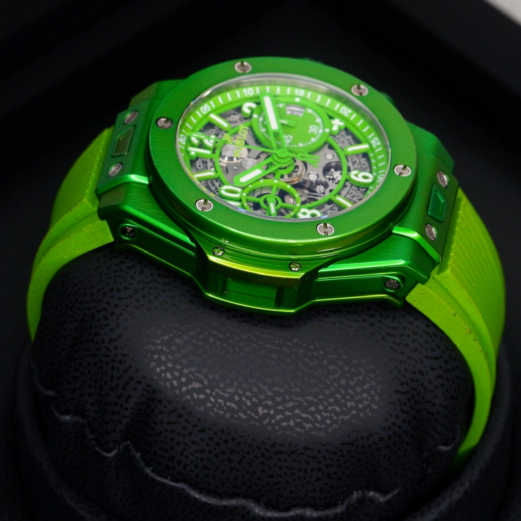 Hublot Big Bang Unico 441.UG.5220.RX.NES23 “NESPRESSO ORIGIN” Skeleton Dial Green Aluminum Rubber Strap 42mm