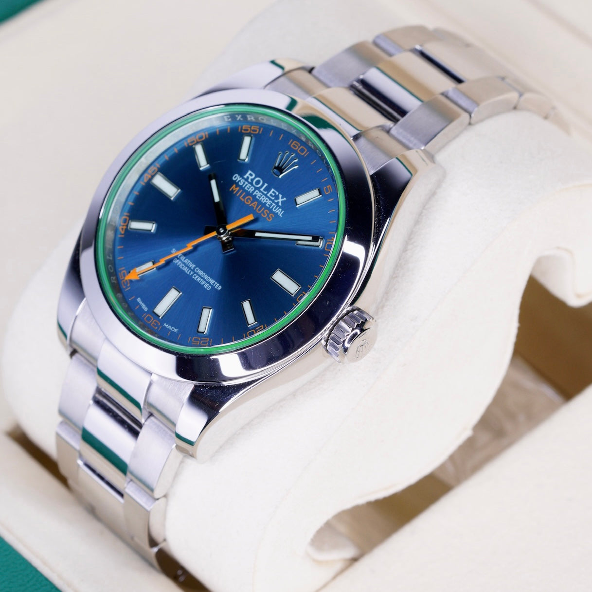 Rolex Milgauss 116400GV Blue Dial Green Crystal Stainless Steel 40mm