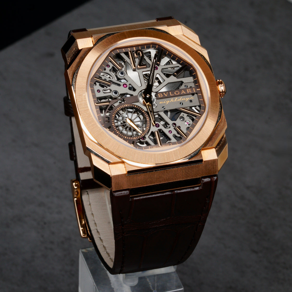 Bulgari Octo Finissimo 103667 Skeleton Dial Rose Gold Leather Strap