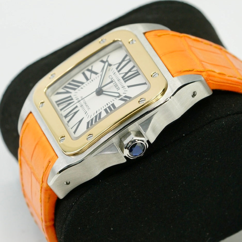 Cartier Santos 100 Xl 2656 Two-Tone Yellow Gold & Steel Orange Leather Strap