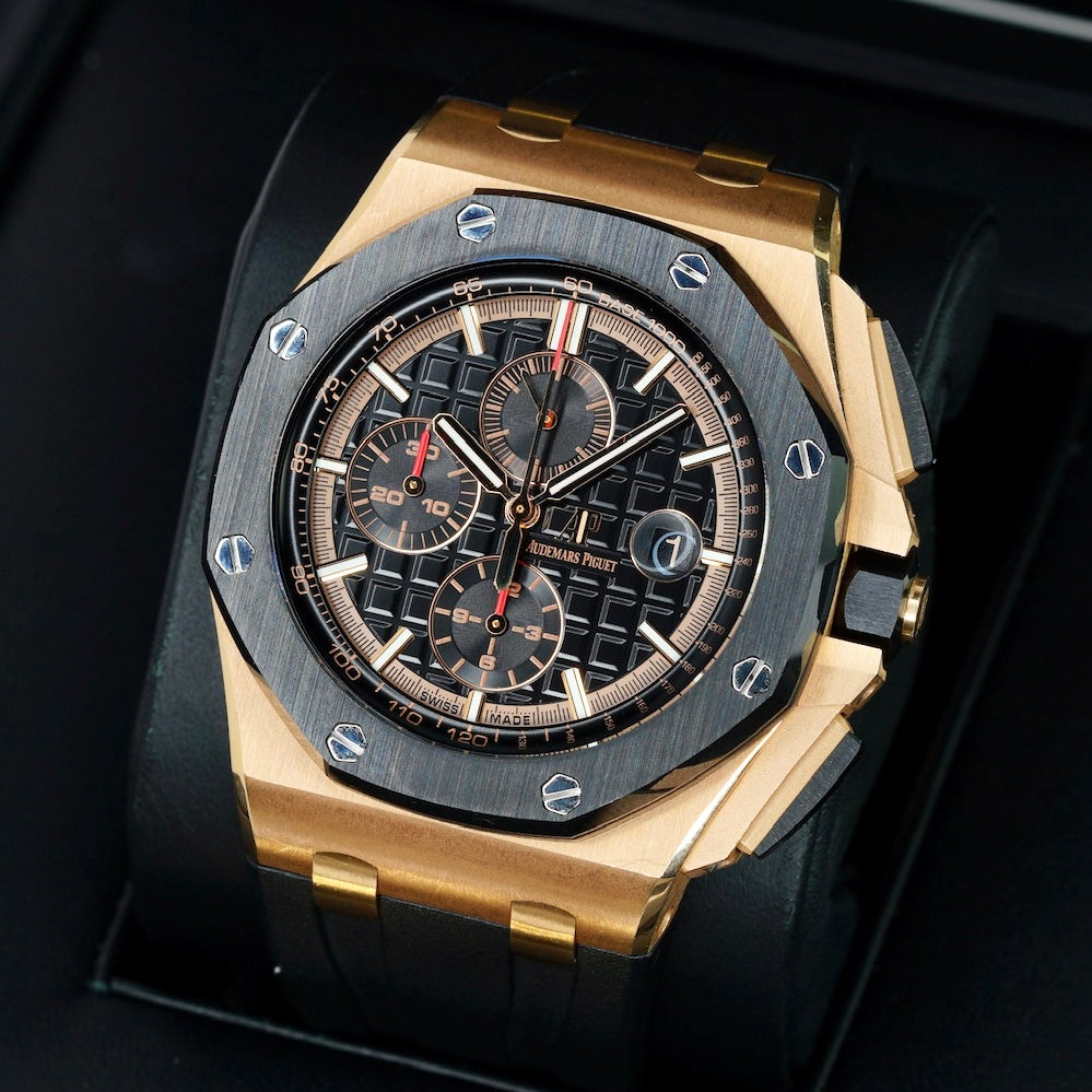 Audemars Piguet Royal Oak Offshore 26401RO.OO.A002CA.02 Black Dial Black Subdials Rose Gold Rubber Strap Chronograph 44mm