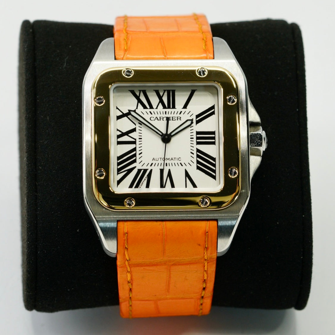 Cartier Santos 100 Xl 2656 Two-Tone Yellow Gold & Steel Orange Leather Strap