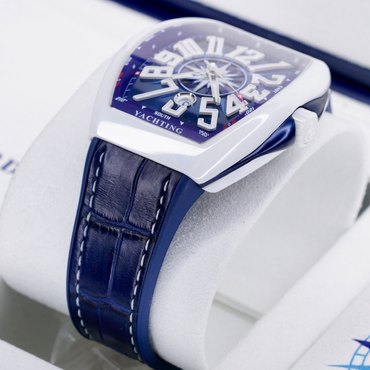 Franck Muller Vanguard V 45 SC DT Yachting Blue Dial Ceramic Blue Leather Strap
