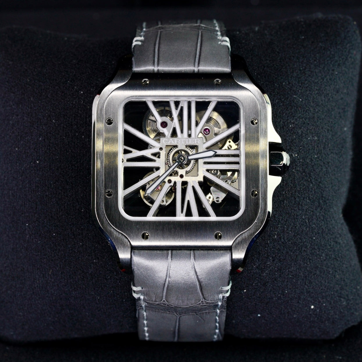 Cartier NEW OLD STOCK Santos De Cartier WHSA0009 Skeleton Black Stainless Steel Leather Strap 39.8mm 2020