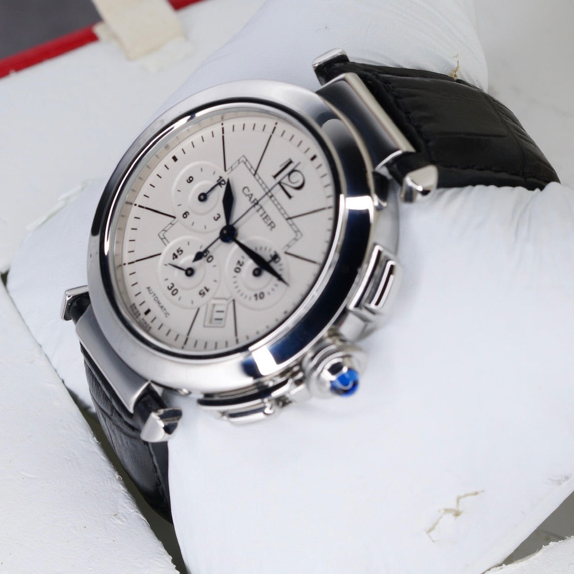 Cartier Pasha W3108555 White Dial XL Chronograph Leather Strap 42mm