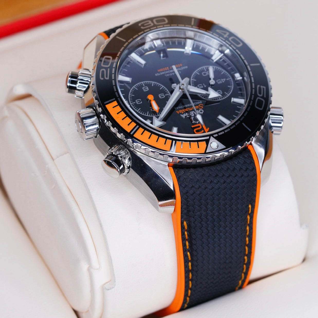 Omega Seamaster 215.32.46.51.01.001 “PLANET OCEAN” Black Dial Orange Accents  Stainless Steel Chronograph