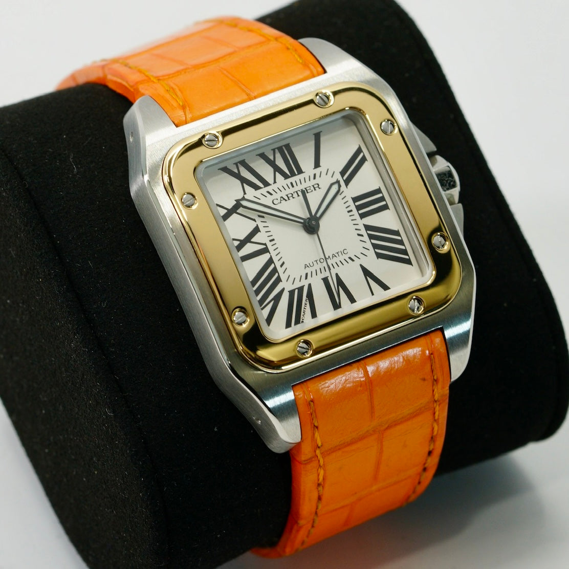 Cartier Santos 100 Xl 2656 Two-Tone Yellow Gold & Steel Orange Leather Strap