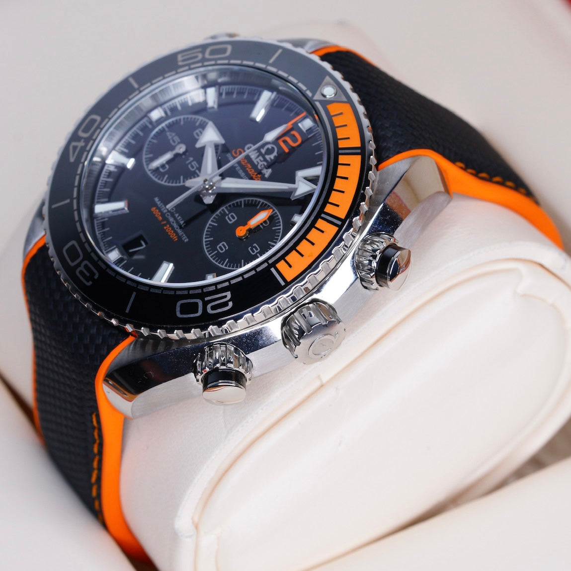 Omega Seamaster 215.32.46.51.01.001 “PLANET OCEAN” Black Dial Orange Accents  Stainless Steel Chronograph