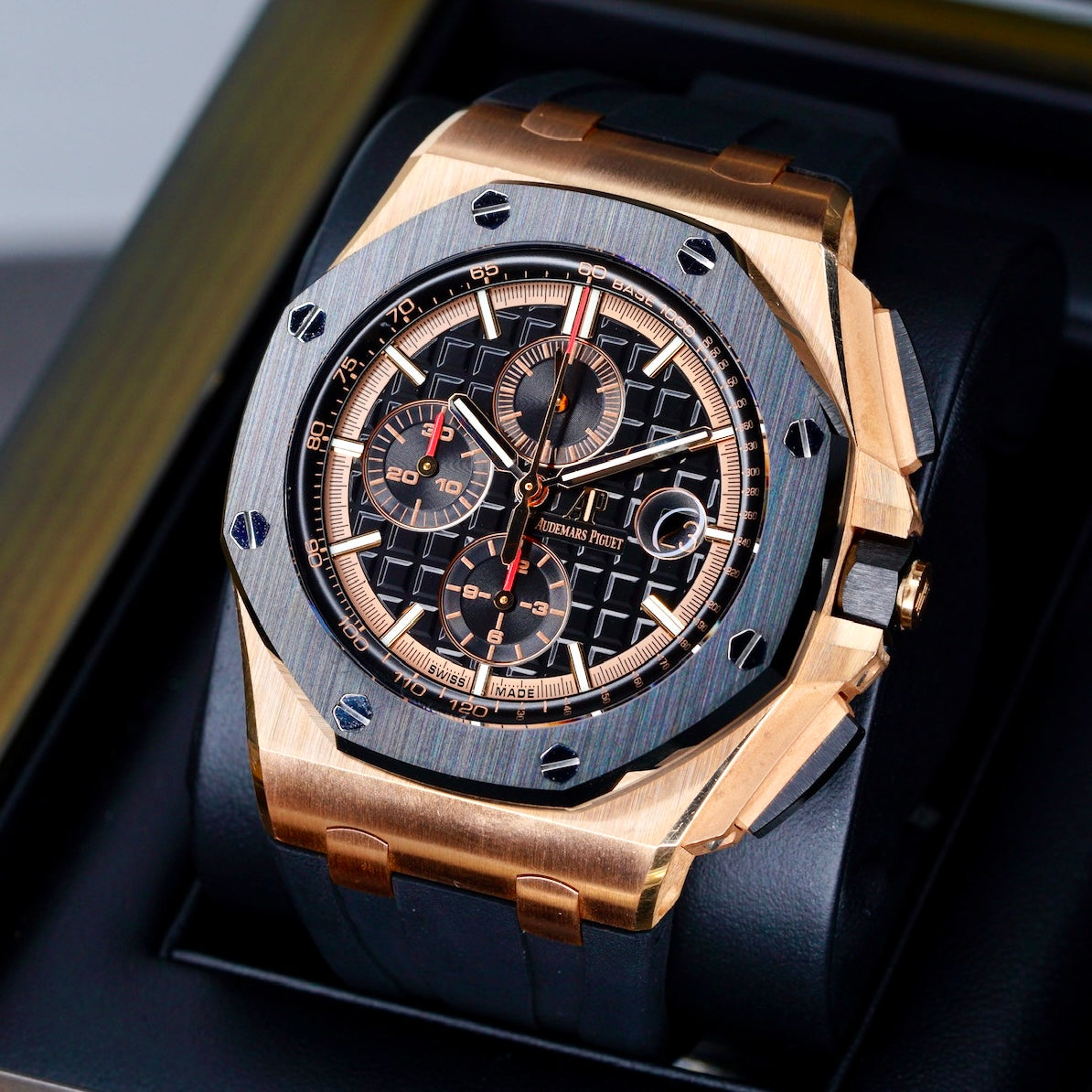 Audemars Piguet Royal Oak Offshore 26401RO.OO.A002CA.02 Black Dial Red Accents Rose Gold Chronograph 44mm