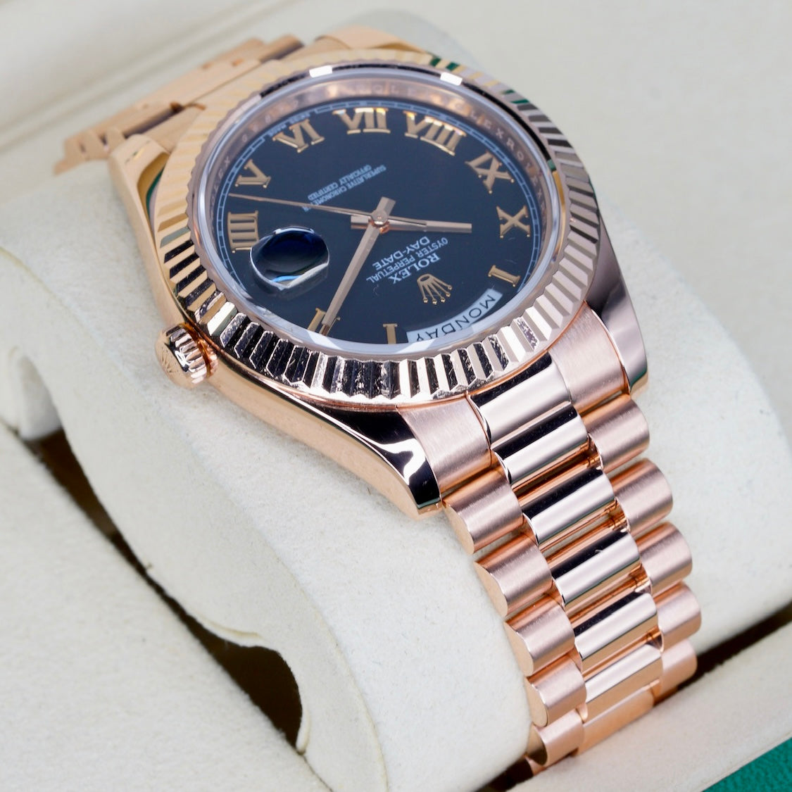 Rolex Day-Date II 218235 Black Roman Dial Rose Gold 41mm