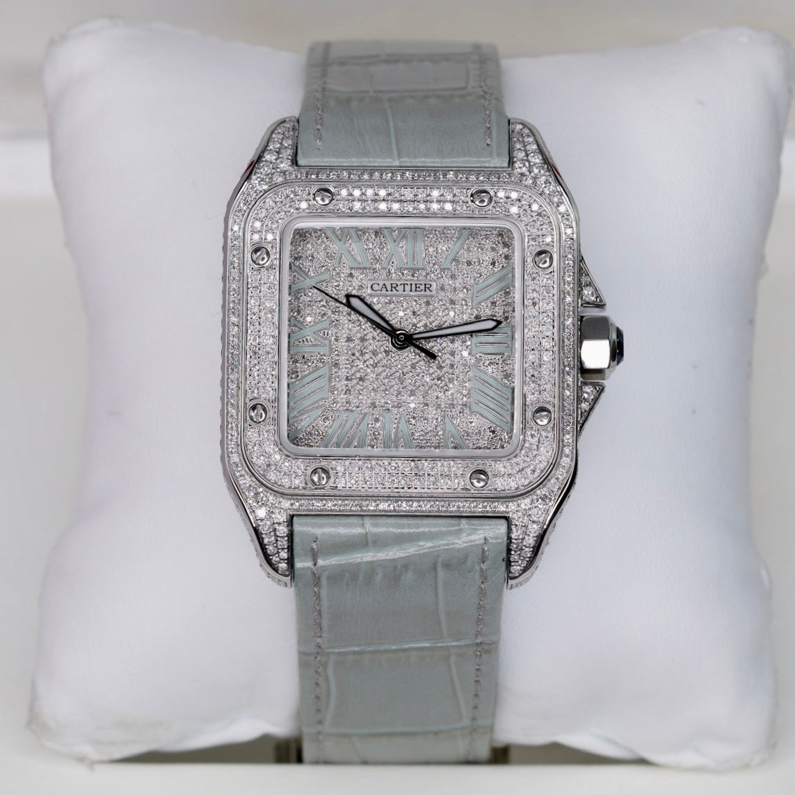 Cartier Santos 100 W20073X8/2656 Large Stainless Steel “ICED OUT” AM Diamond Set