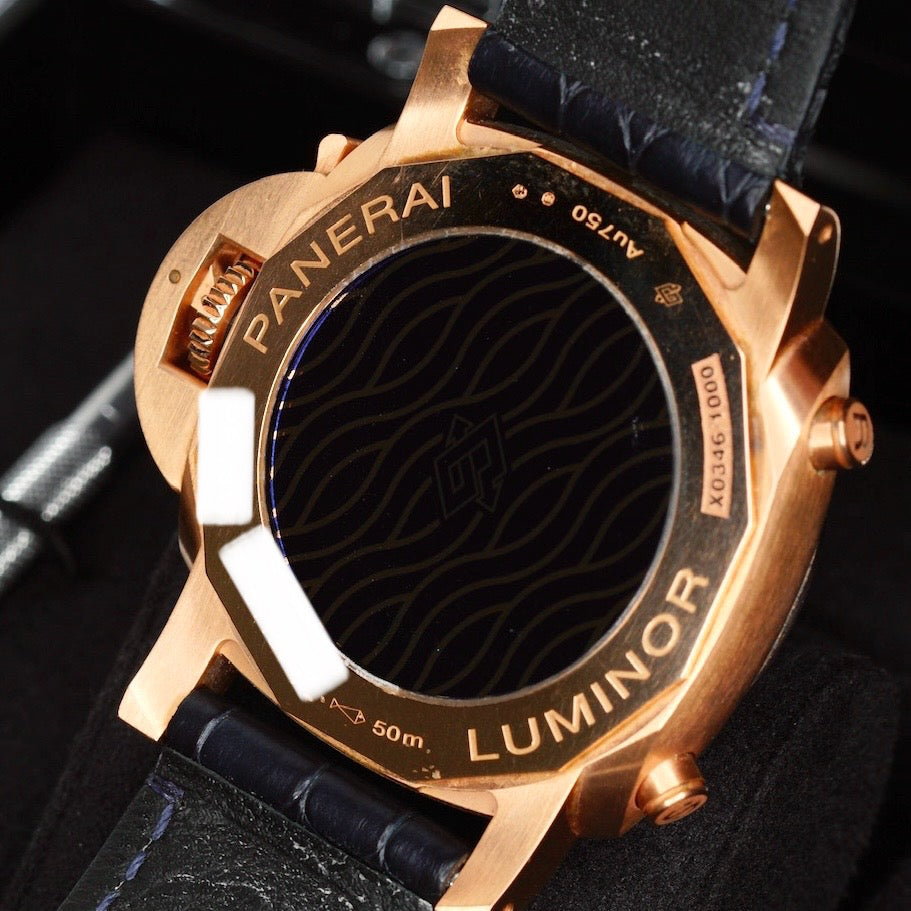 Panerai Luminor PAM 01111 Blue Dial Rose Gold Blue Leather Strap 44mm
