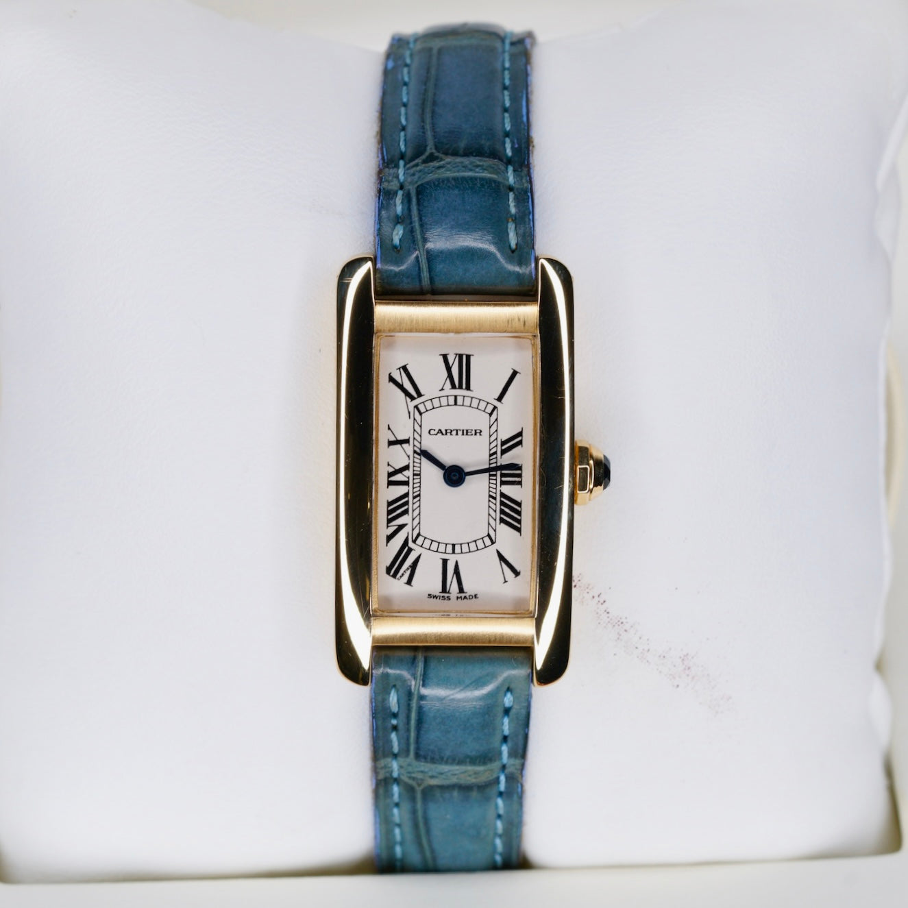 Cartier Tank Americaine 1710 White Dial Yellow Gold Leather Strap Quartz
