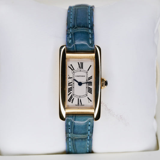 Cartier Tank Americaine 1710 White Dial Yellow Gold Leather Strap Quartz