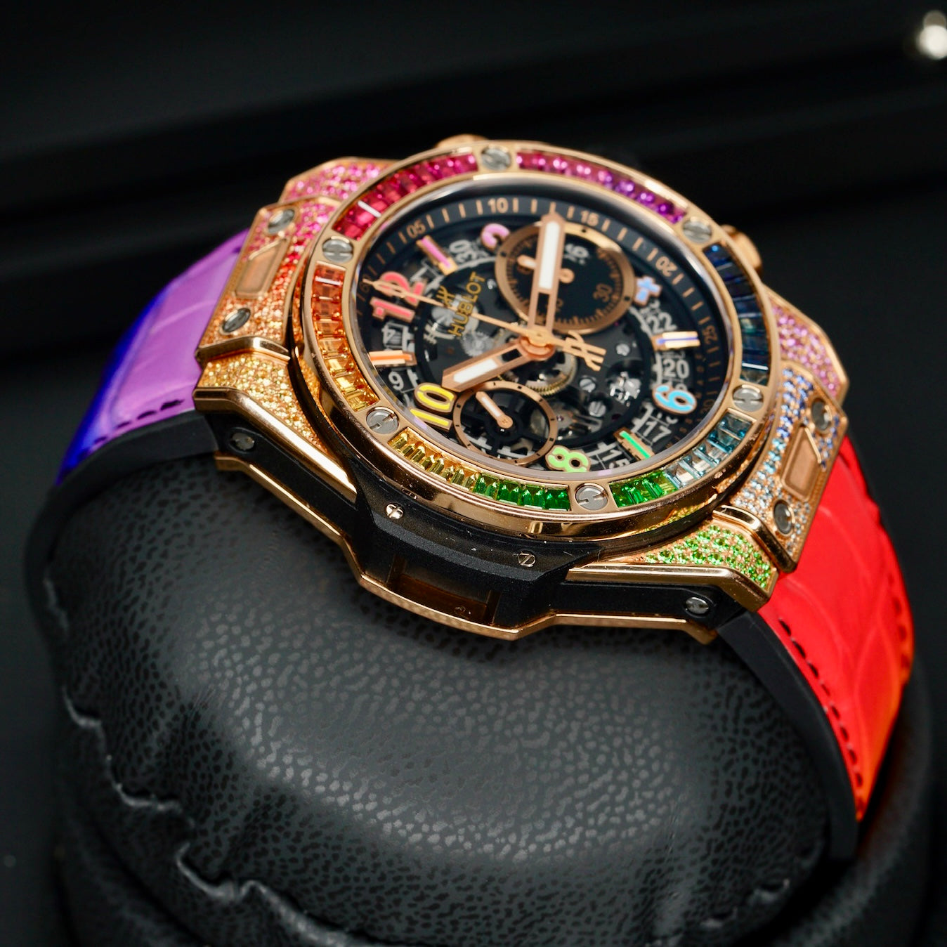 Hublot Bang Unico 441.OX.9910.LR.0999 “RAINBOW 42” Skeleton Dial King Gold Rainbow Black Strap 42mm