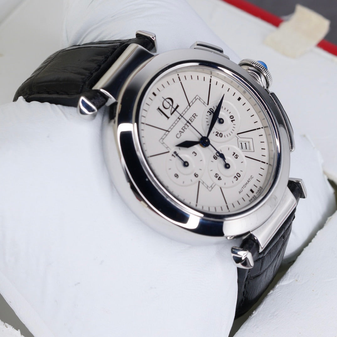 Cartier Pasha W3108555 White Dial XL Chronograph Leather Strap 42mm